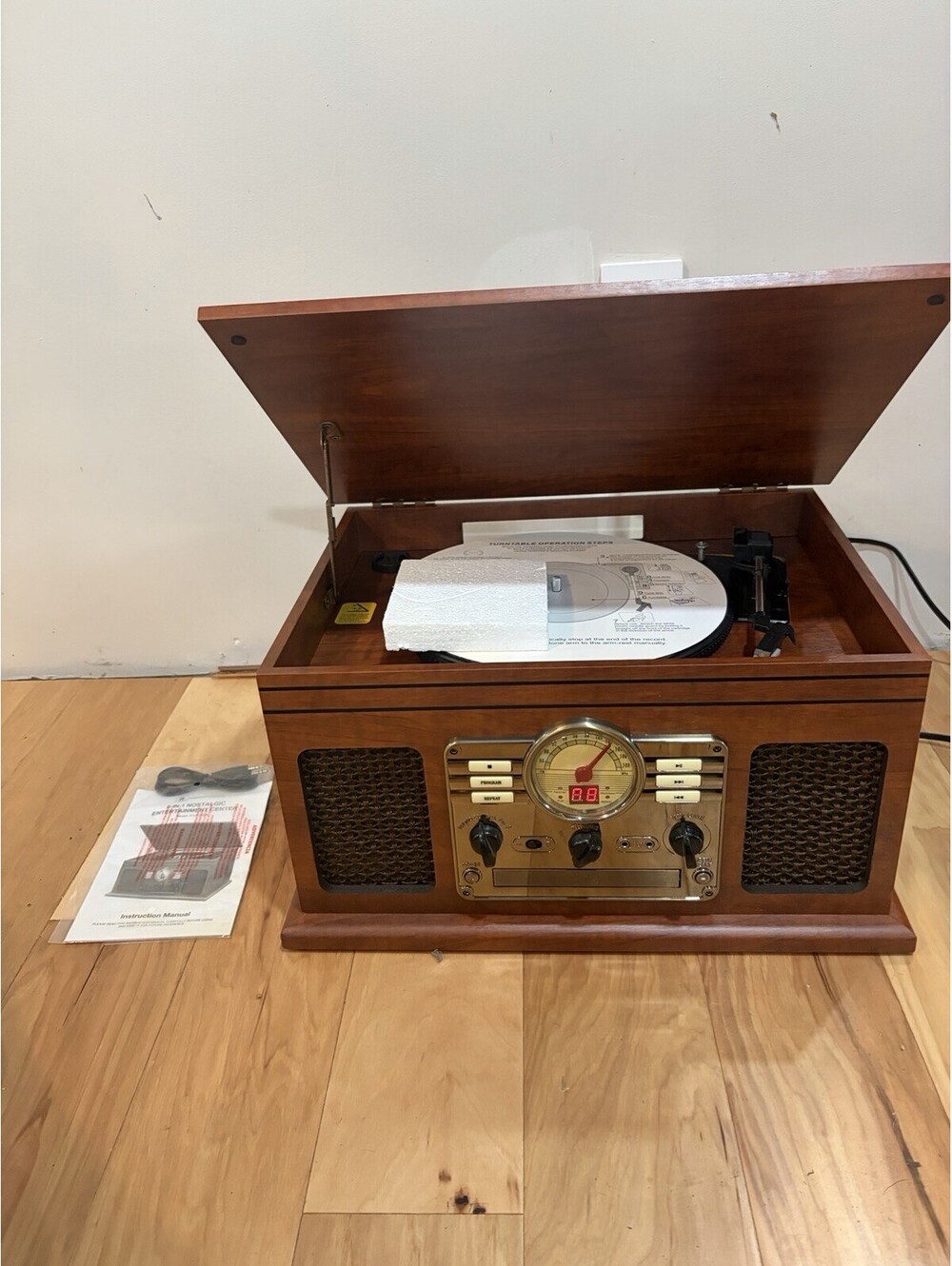 6-in-1 Nostalgic Entertainment Center Record Player, Radio, Cassette w/Speakers